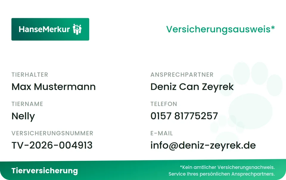 Vorderseite der Tierversicherungskarte mit Tierhalter, Tiername, Versicherungsnummer und den Kontaktdaten von Deniz Can Zeyrek